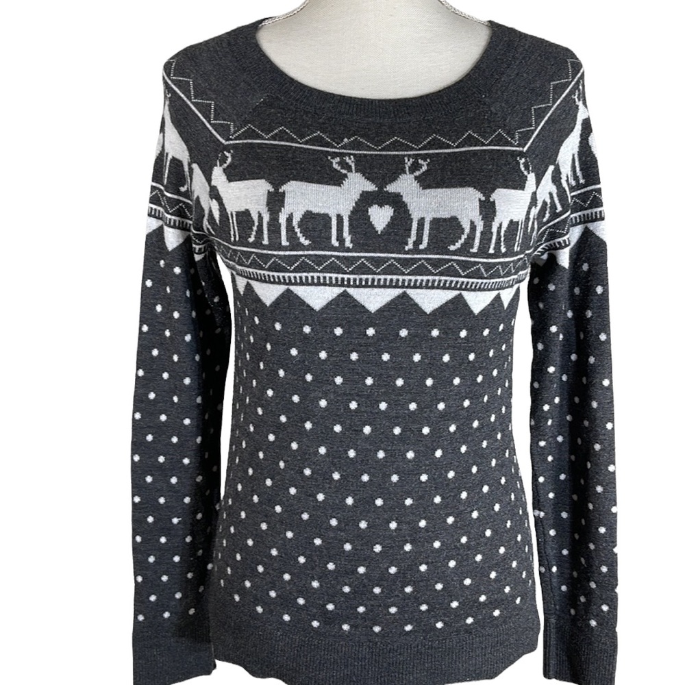LOFT Long sleeve gray and white polka door Christmas theme